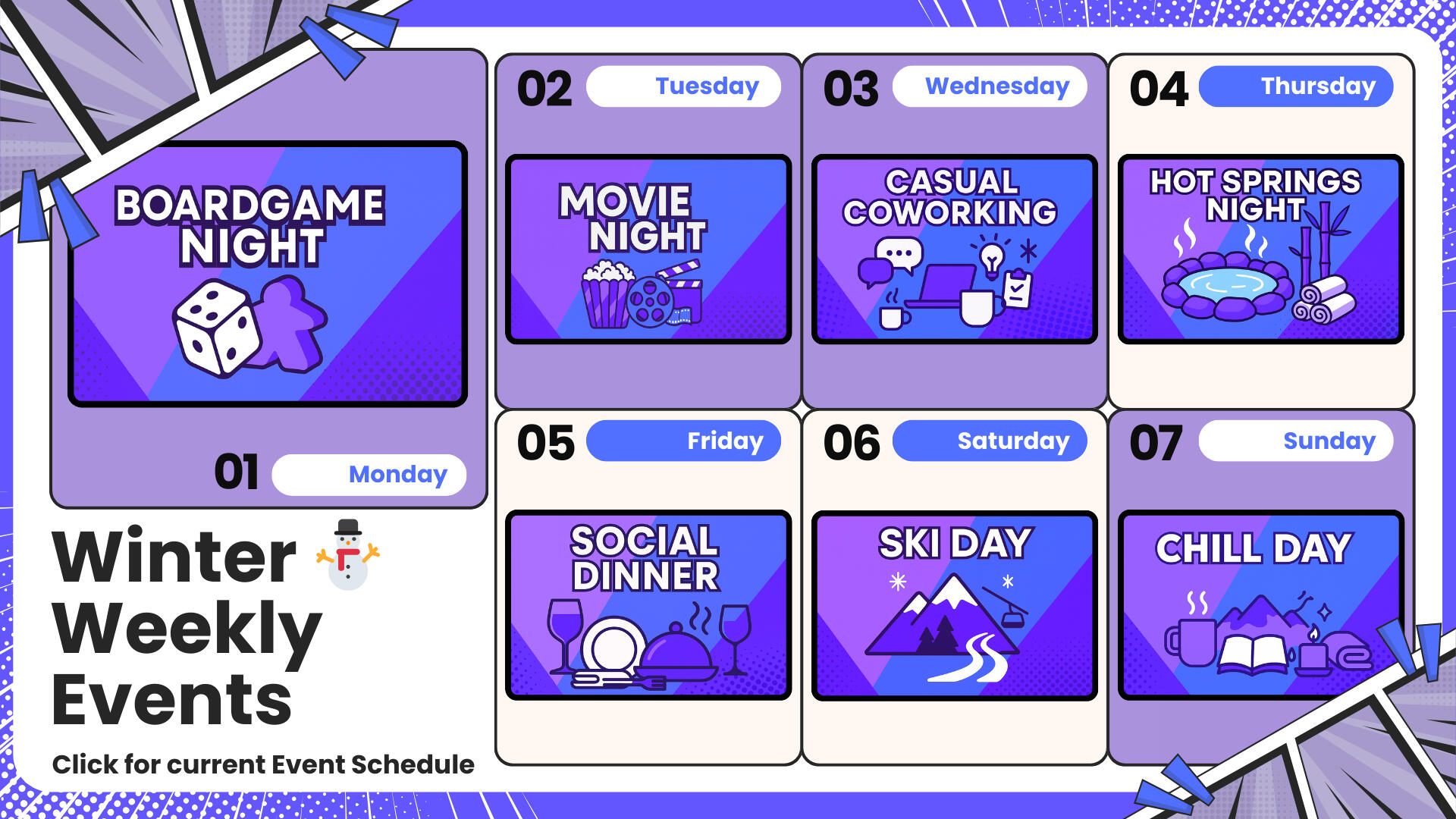A schedule of the typical events hosted by the lounge bansko during the winter.